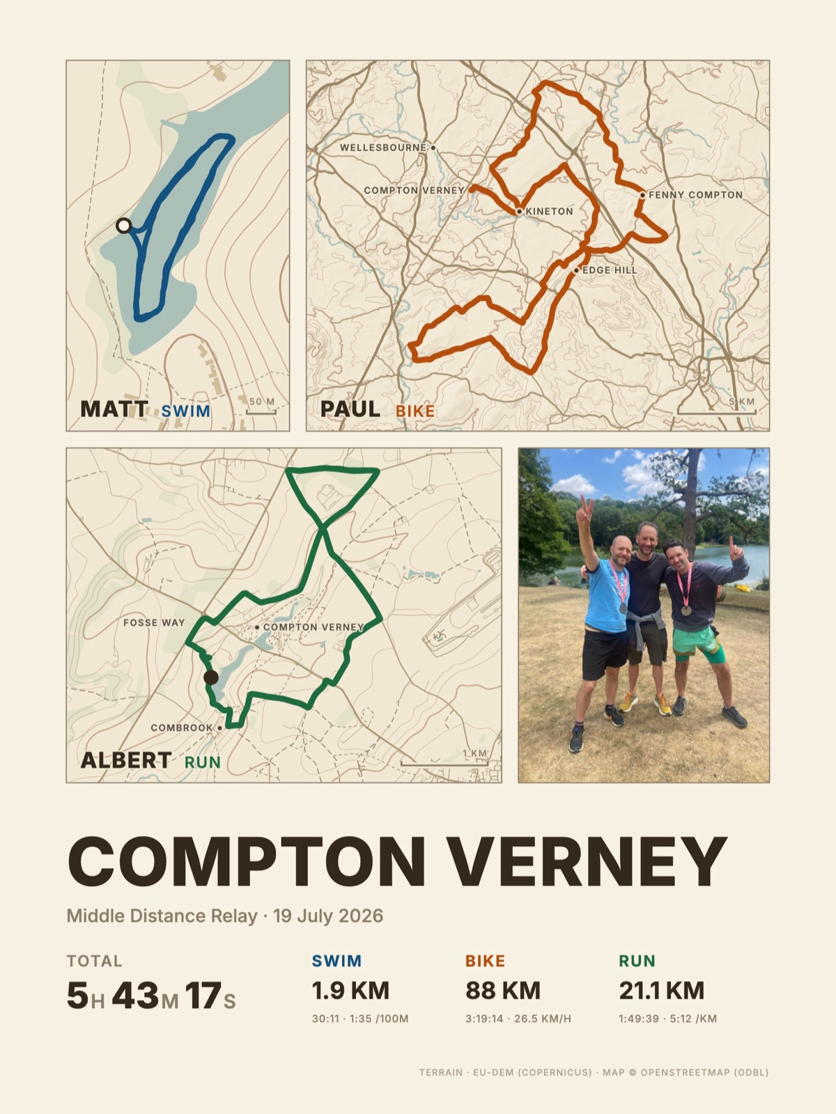 Triathlon poster: On the Edge Triathlon at Compton Verney, warm colourway with portrait photo