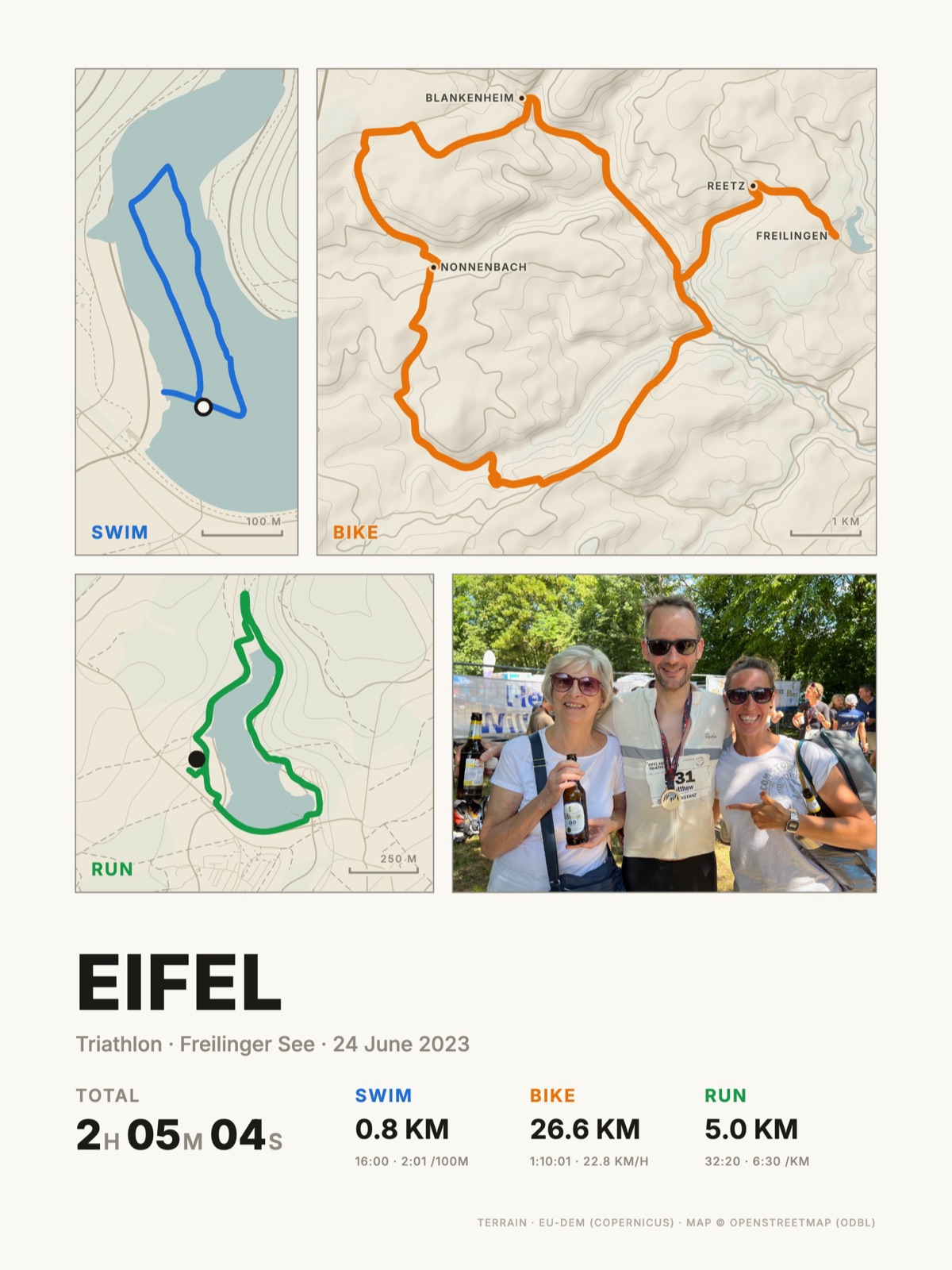 Triathlon poster: Freilinger See Triathlon in the Eifel, cream colourway with contours and landscape photo